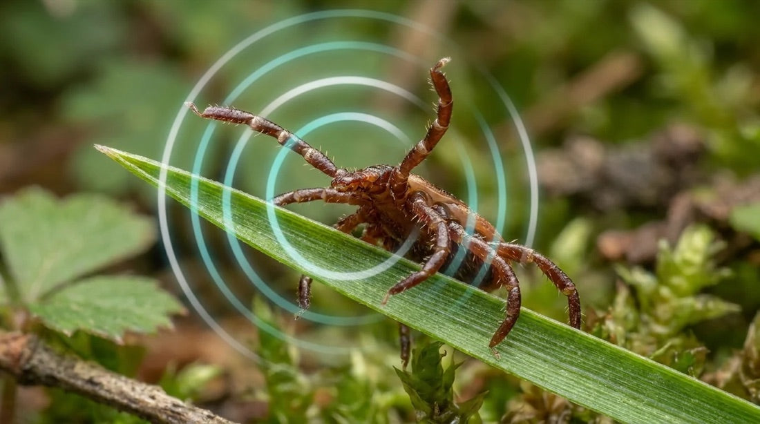 A tick waiting on a blade of grass in the backyard