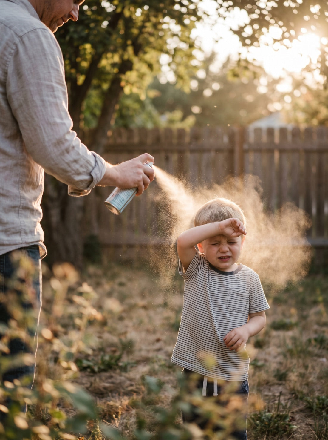 A parent spraying bug repellent on a reluctant child outdoors