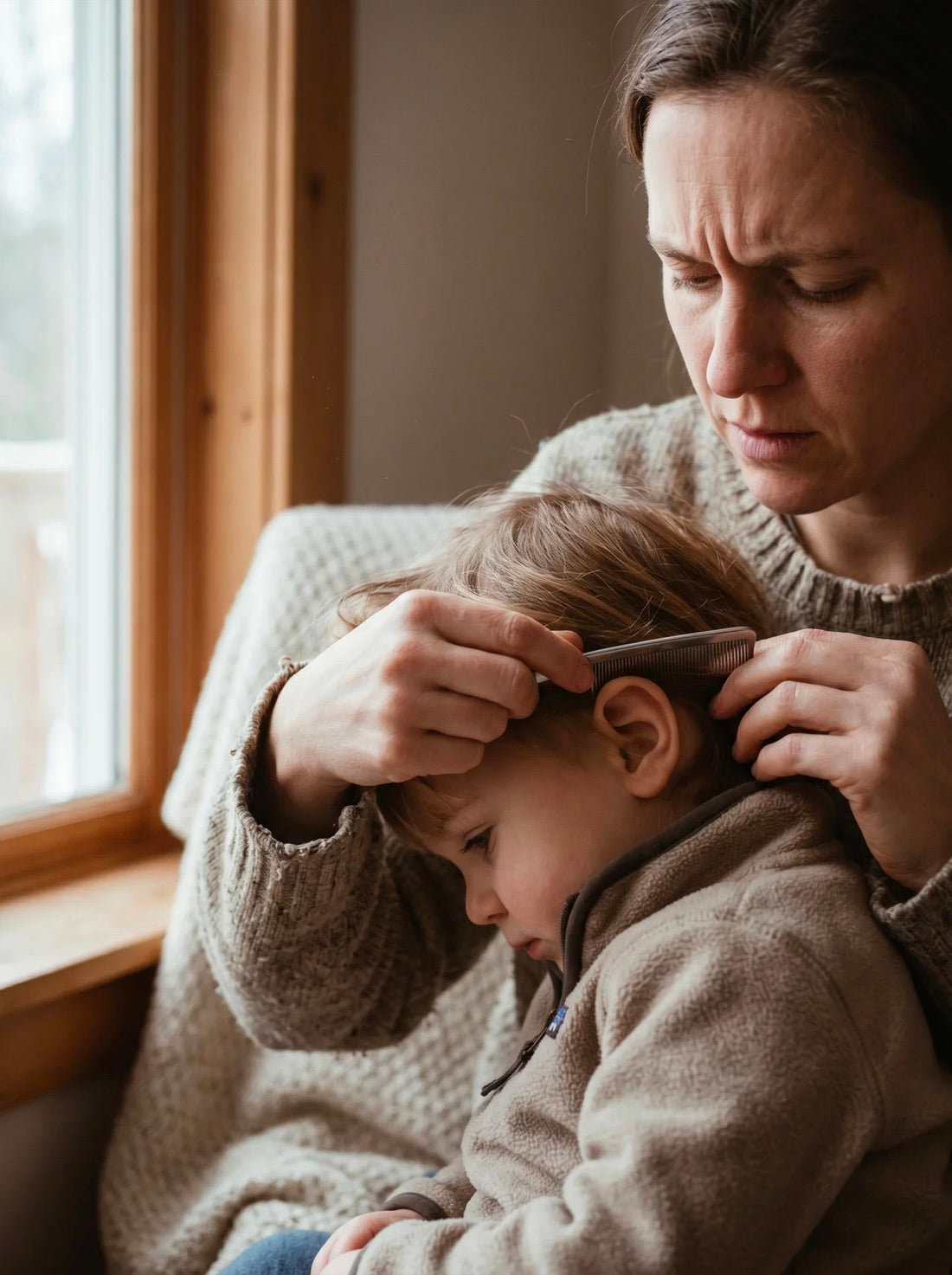 A worried parent checking a child's hair for ticks after being outside